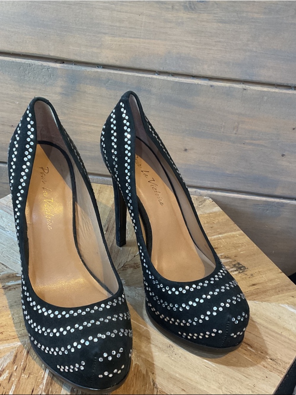 Pour La Victoire Black Crystal-Studded Suede High Heels
